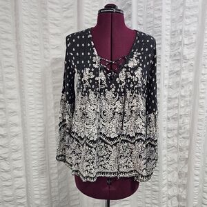 Billabong Floral Paisley Floral Lace-Up Blouse Top